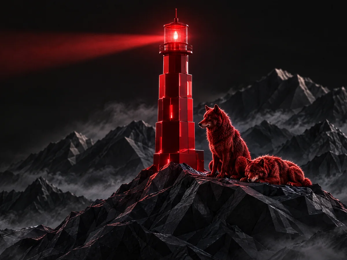 Rode wolven bij een rode vuurtoren op donkere bergen