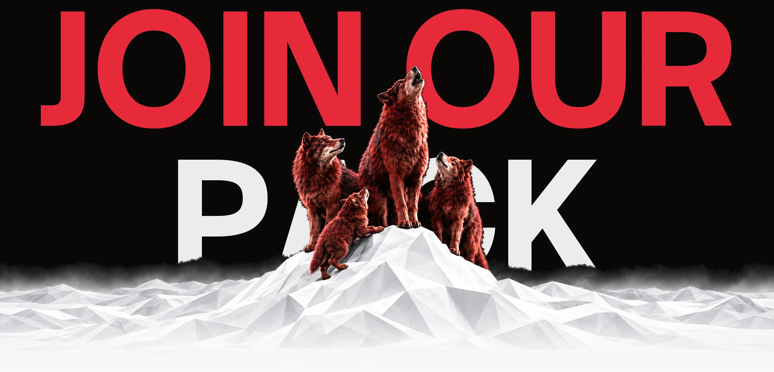 Join our pack: een roedel rode wolven op een witte low-poly bergtop die uitloopt in een brede vlakte