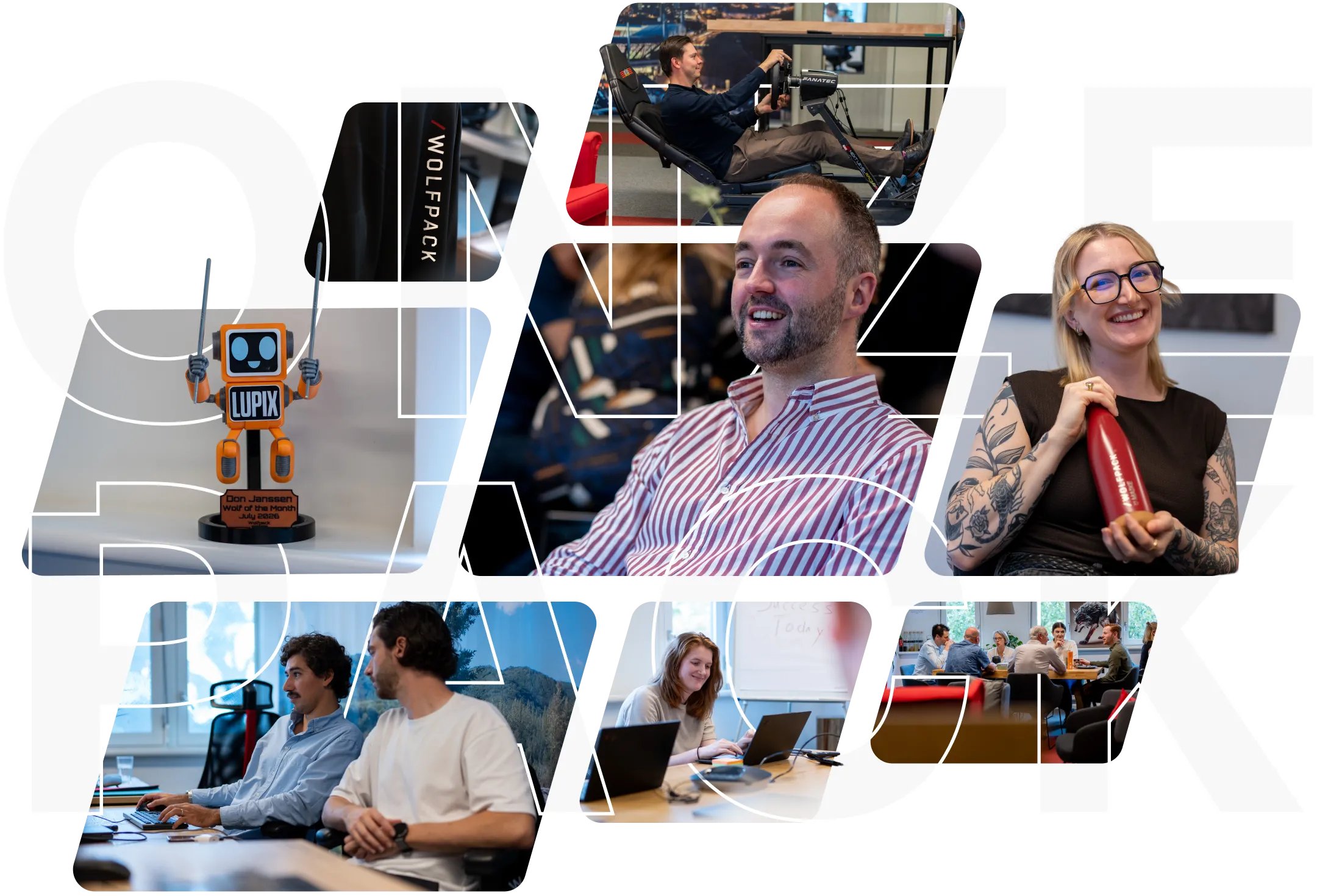 Collage van Wolfpack-collega’s aan het werk op kantoor
