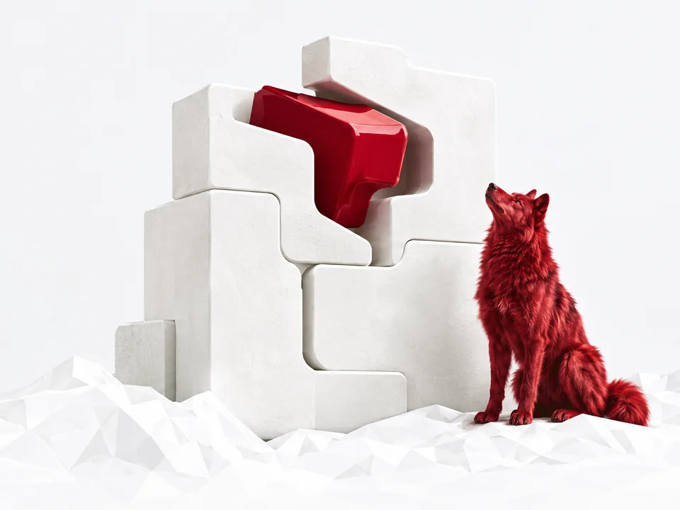 Rode wolf naast een wit bouwwerk met een rood passend blok: maatwerk software