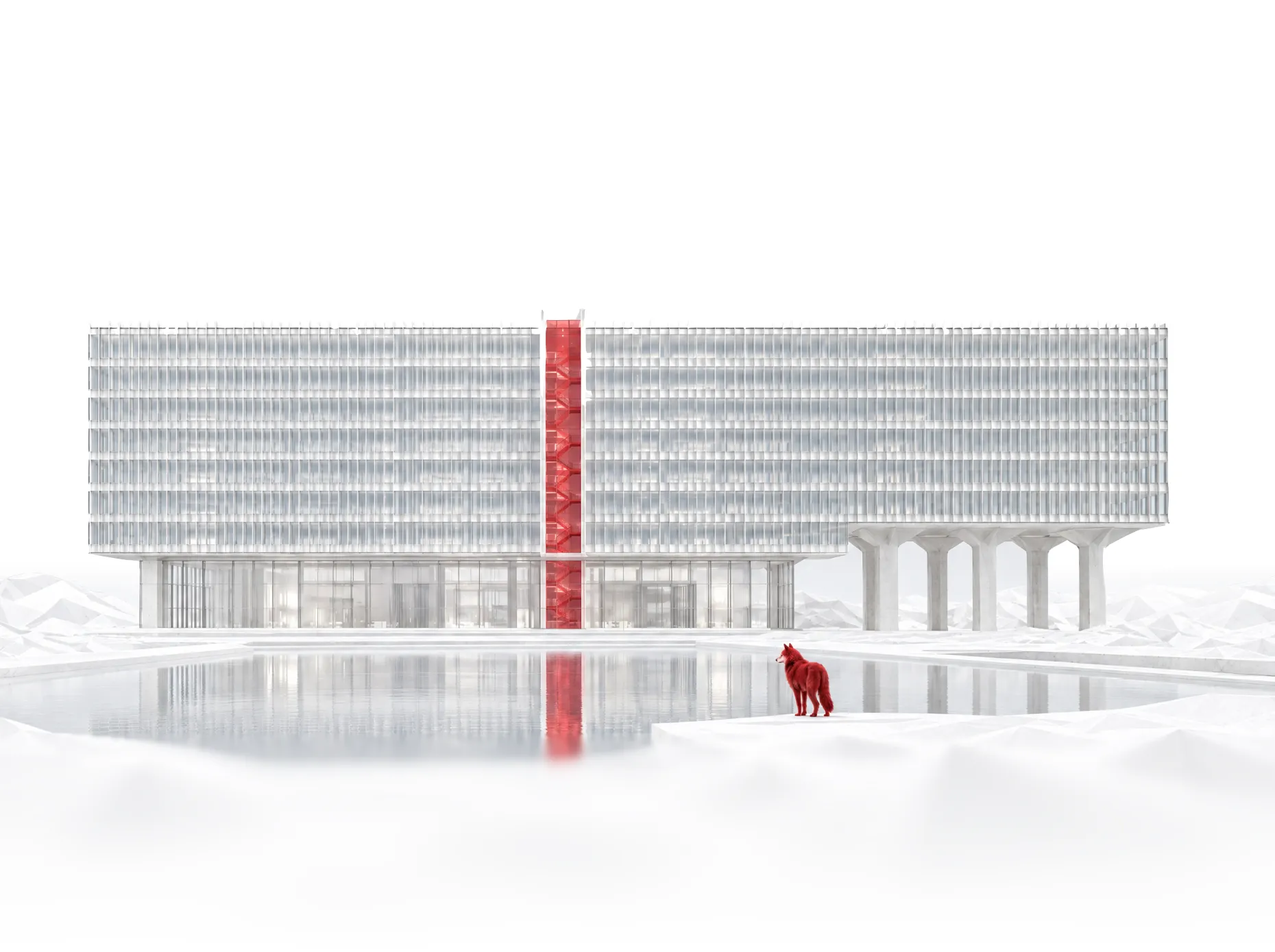 Witte maquette van gebouw Atlas van de TU Eindhoven met een rode wolf