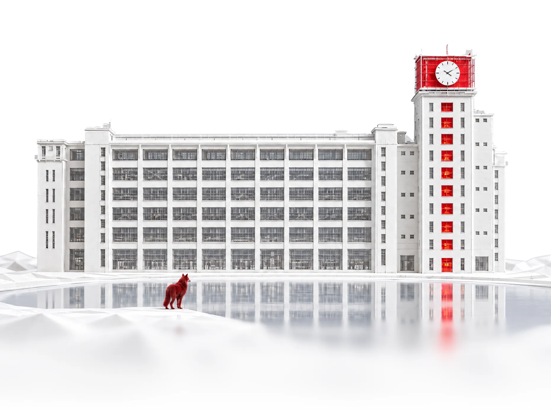 Witte maquette van het Klokgebouw in Eindhoven met een rode wolf