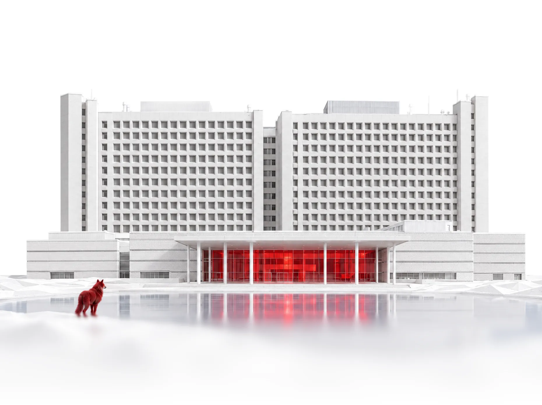 Witte maquette van het Catharina Ziekenhuis met een rode wolf